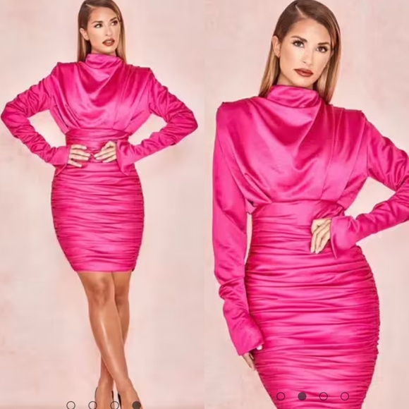 House of CB Giorgiana Hot Pink Satin Draped Mini Dress - Picture 2 of 16